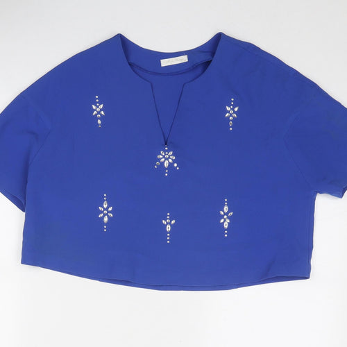 Moda Orange Womens Blue Polyester Cropped Blouse Size 14 V-Neck - Embellished
