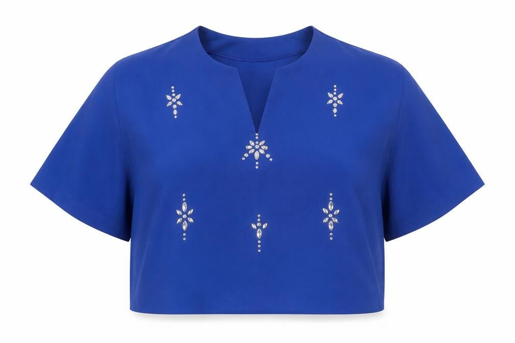 Front view of Moda Orange women’s blue polyester cropped blouse, size UK 14, v-neck - embellished