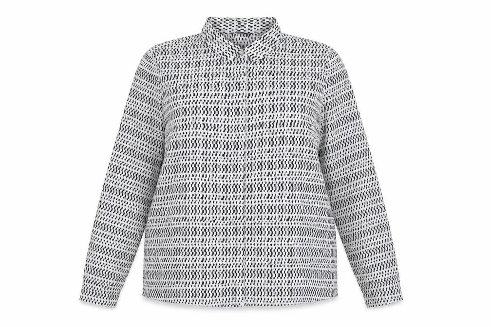 Front view of Marks & Spencer women’s grey geometric polyester basic button-up, size UK 18, collared
