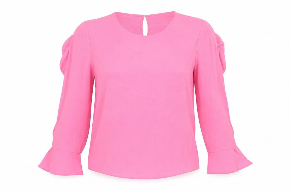 Front view of Warehouse women’s pink polyester basic blouse, size UK 10, round neck