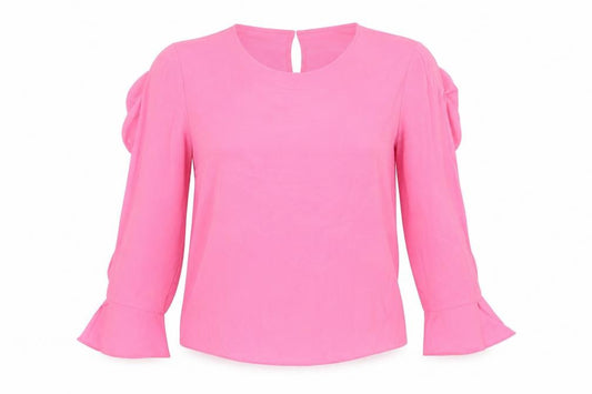 Front view of Warehouse women’s pink polyester basic blouse, size UK 10, round neck