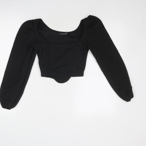 PRETTYLITTLETHING Womens Black Polyester Cropped Blouse Size 6 Boat Neck