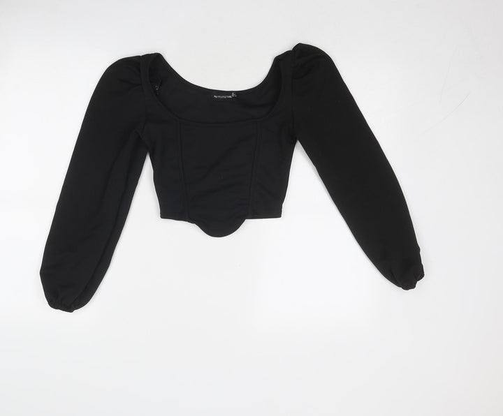 PRETTYLITTLETHING Womens Black Polyester Cropped Blouse Size 6 Boat Neck