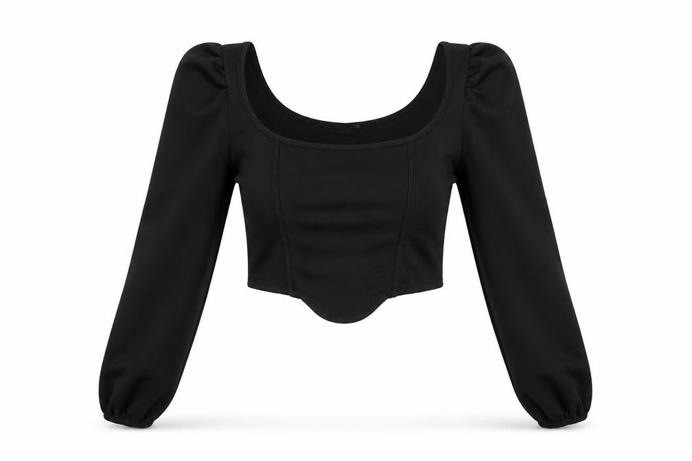 Front view of PRETTYLITTLETHING women’s black polyester cropped blouse, size UK 6, boat neck