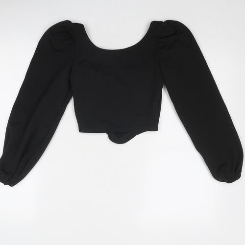 PRETTYLITTLETHING Womens Black Polyester Cropped Blouse Size 6 Boat Neck