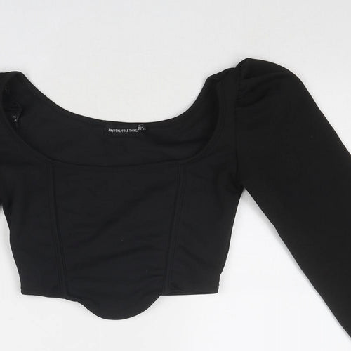 PRETTYLITTLETHING Womens Black Polyester Cropped Blouse Size 6 Boat Neck