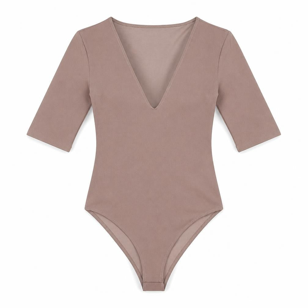 Front view of Zara women’s brown polyester bodysuit one-piece, size S, snap