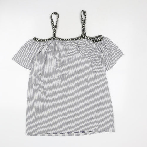 Pull&Bear Womens Blue Striped Cotton Basic Blouse Size M Off the Shoulder
