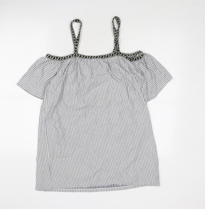 Pull&Bear Womens Blue Striped Cotton Basic Blouse Size M Off the Shoulder