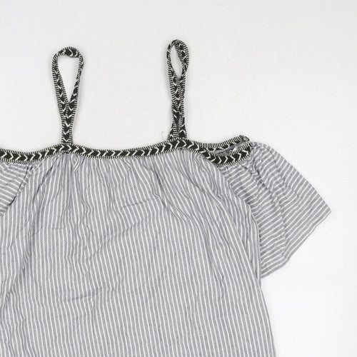 Pull&Bear Womens Blue Striped Cotton Basic Blouse Size M Off the Shoulder