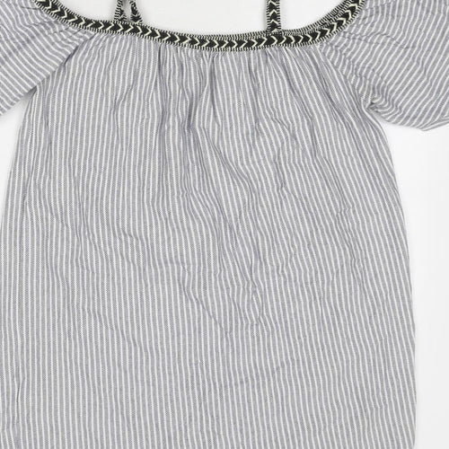 Pull&Bear Womens Blue Striped Cotton Basic Blouse Size M Off the Shoulder