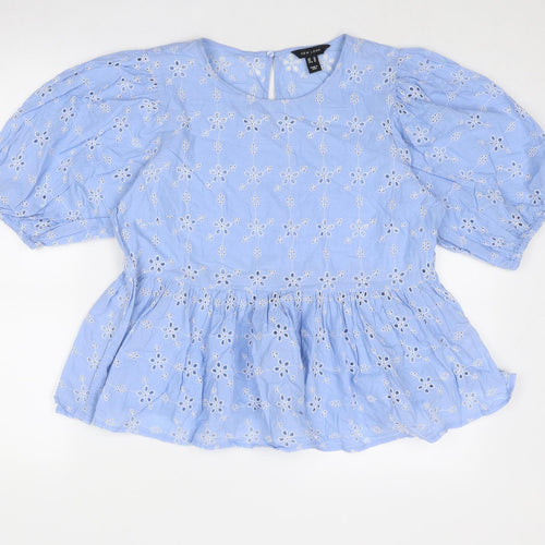 New Look Womens Blue Cotton Basic Blouse Size 14 Round Neck - Broderie Anglaise