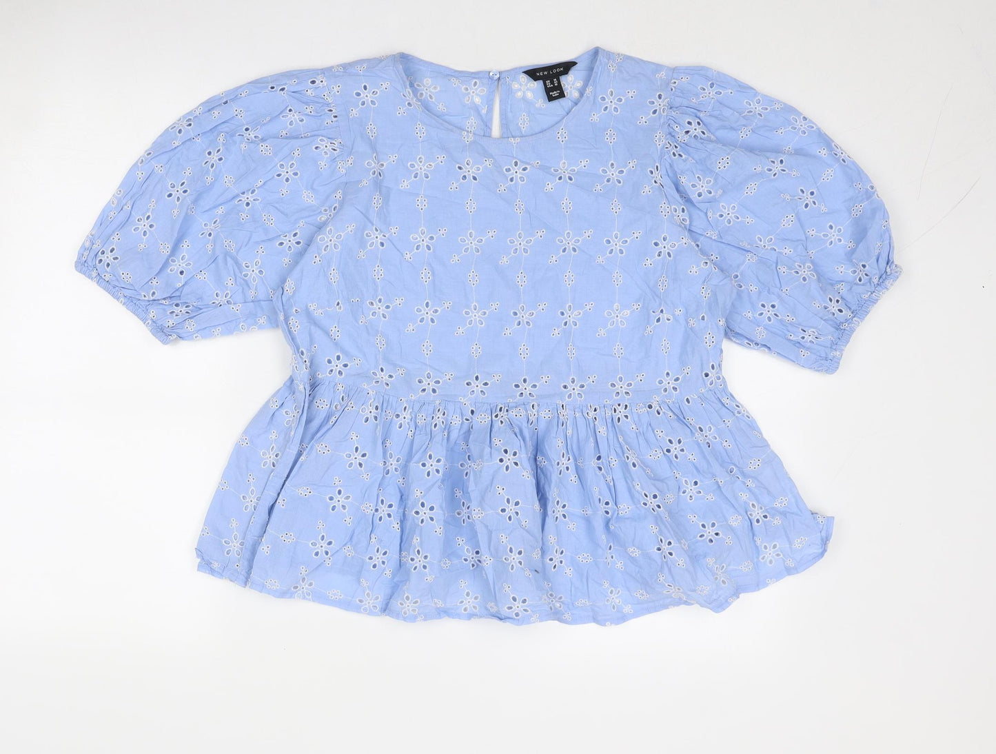 New Look Womens Blue Cotton Basic Blouse Size 14 Round Neck - Broderie Anglaise