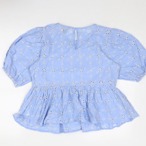 New Look Womens Blue Cotton Basic Blouse Size 14 Round Neck - Broderie Anglaise
