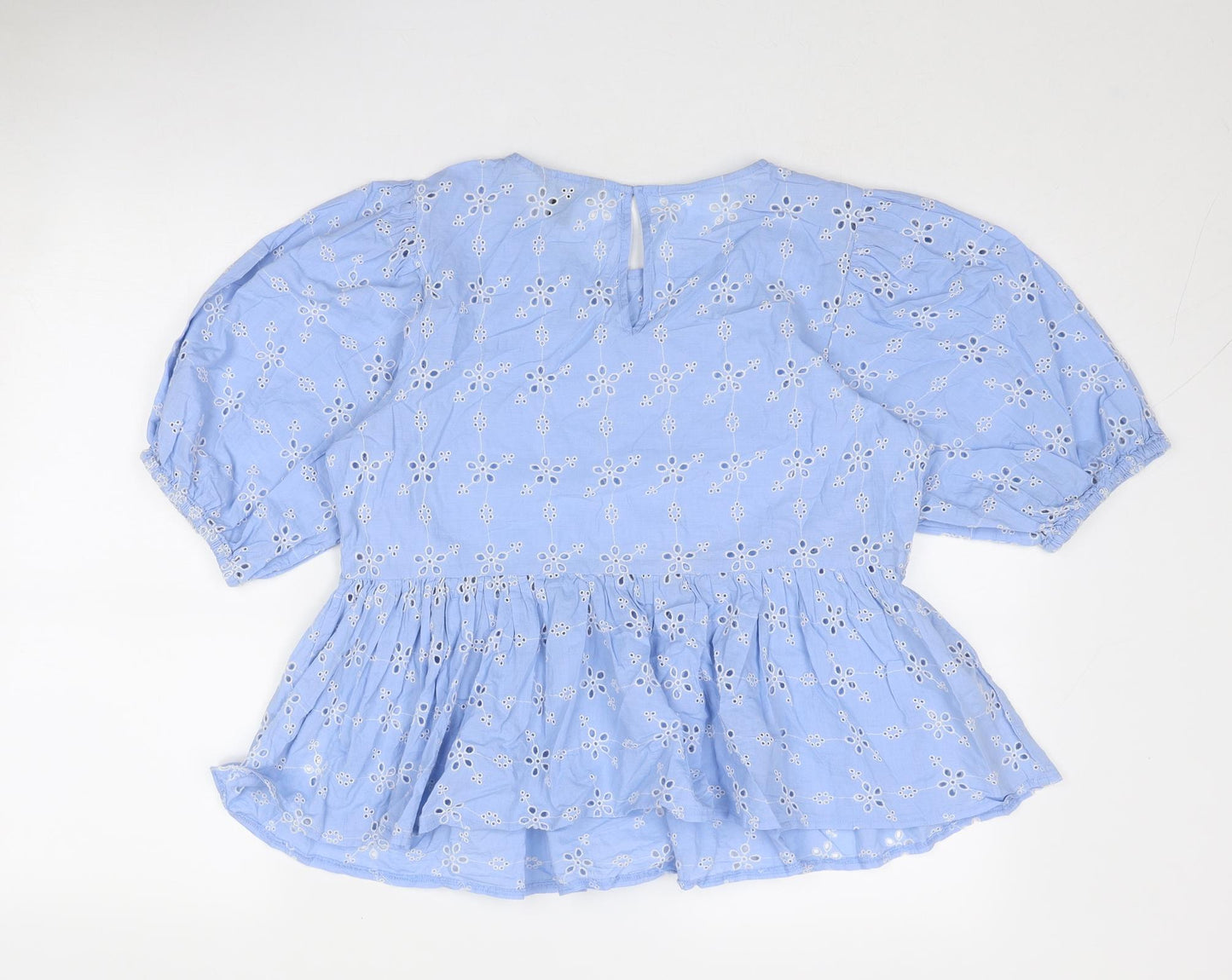 New Look Womens Blue Cotton Basic Blouse Size 14 Round Neck - Broderie Anglaise