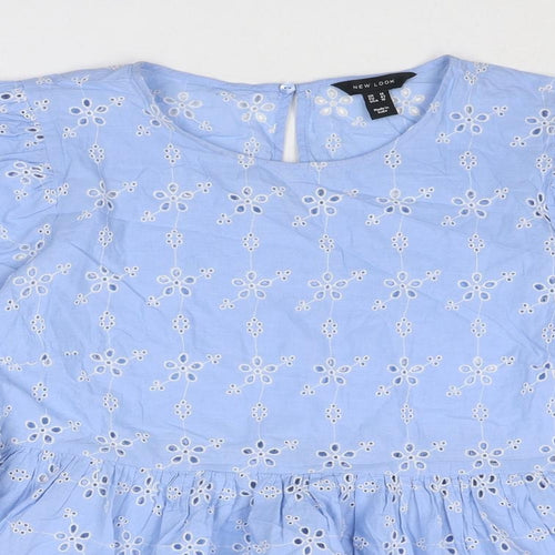 New Look Womens Blue Cotton Basic Blouse Size 14 Round Neck - Broderie Anglaise