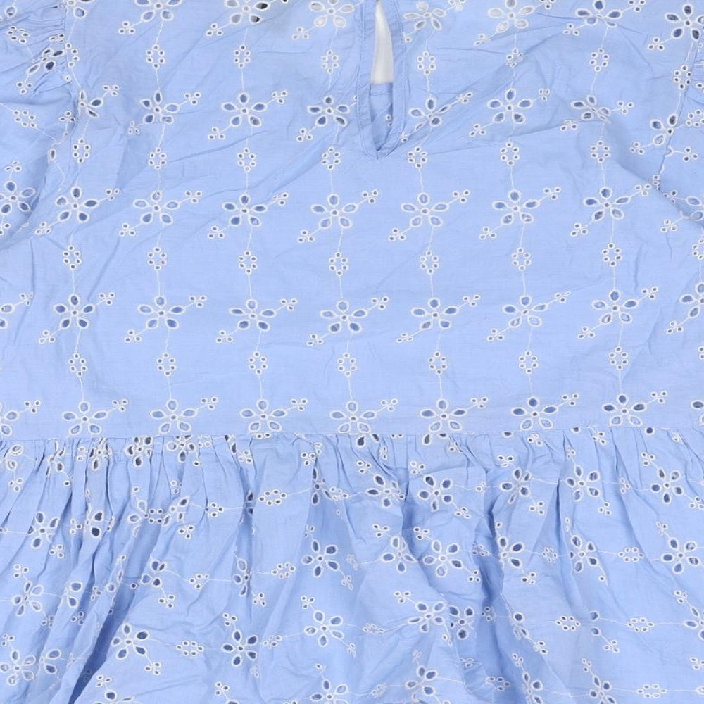 New Look Womens Blue Cotton Basic Blouse Size 14 Round Neck - Broderie Anglaise