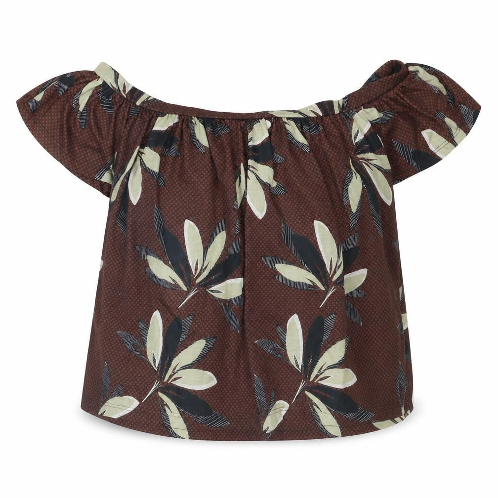 Front view of River Island women’s brown floral polyester basic blouse, size UK 10, off the shoulder