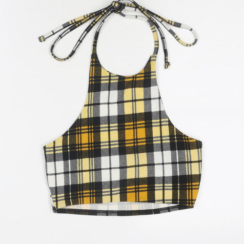 PRETTYLITTLETHING Womens Black Plaid Polyester Cropped Tank Size 8 Halter
