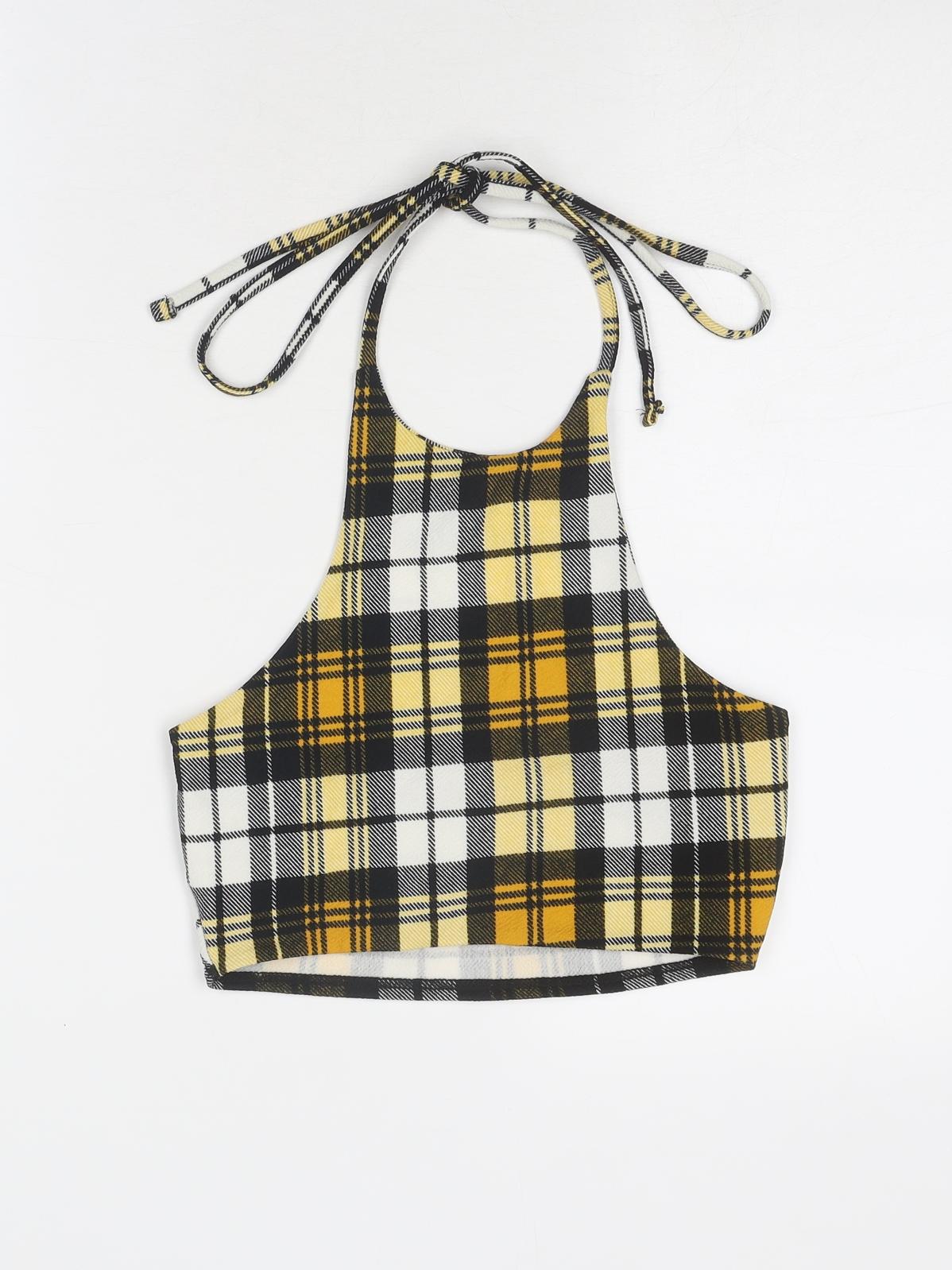 PRETTYLITTLETHING Womens Black Plaid Polyester Cropped Tank Size 8 Halter