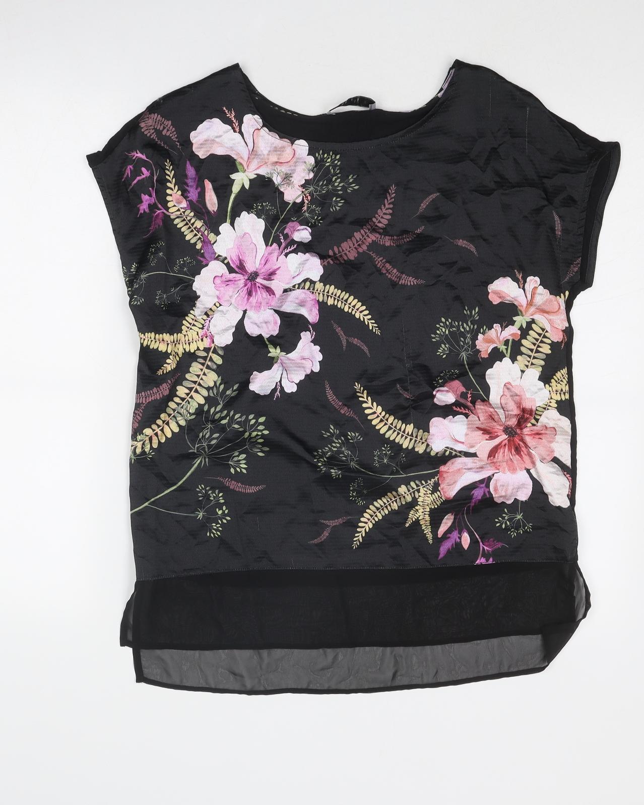 Per Una Womens Black Floral Viscose Basic Blouse Size 10 Boat Neck