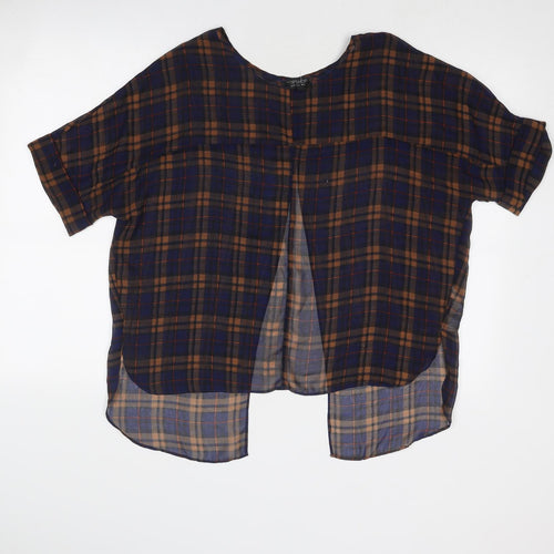 Topshop Womens Blue Plaid Polyester Basic Blouse Size 6 Boat Neck - Open Back