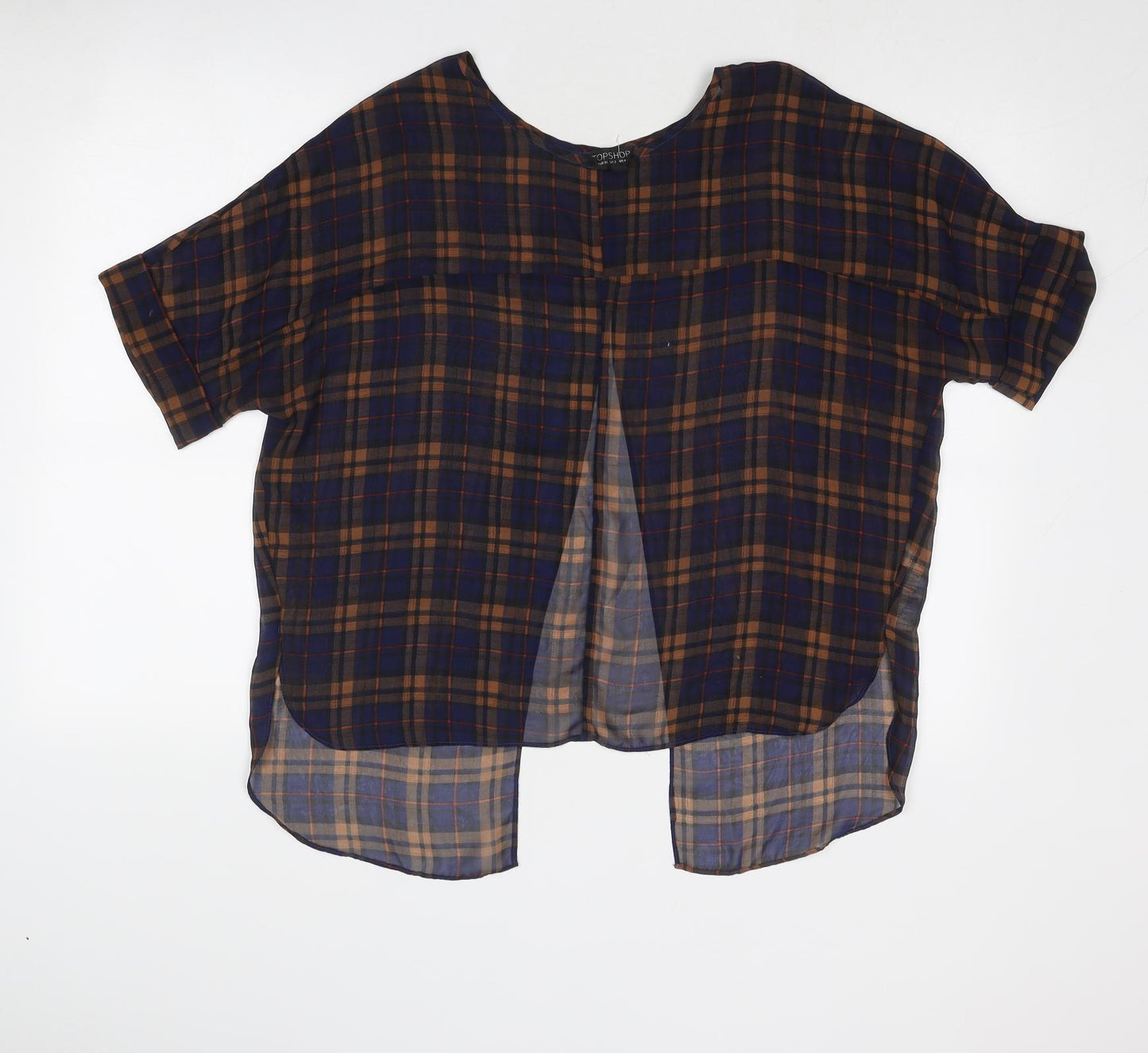 Topshop Womens Blue Plaid Polyester Basic Blouse Size 6 Boat Neck - Open Back
