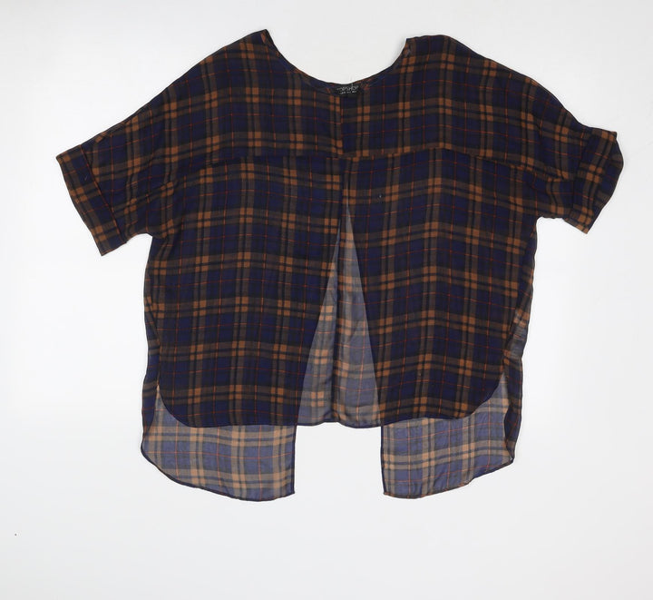 Topshop Womens Blue Plaid Polyester Basic Blouse Size 6 Boat Neck - Open Back