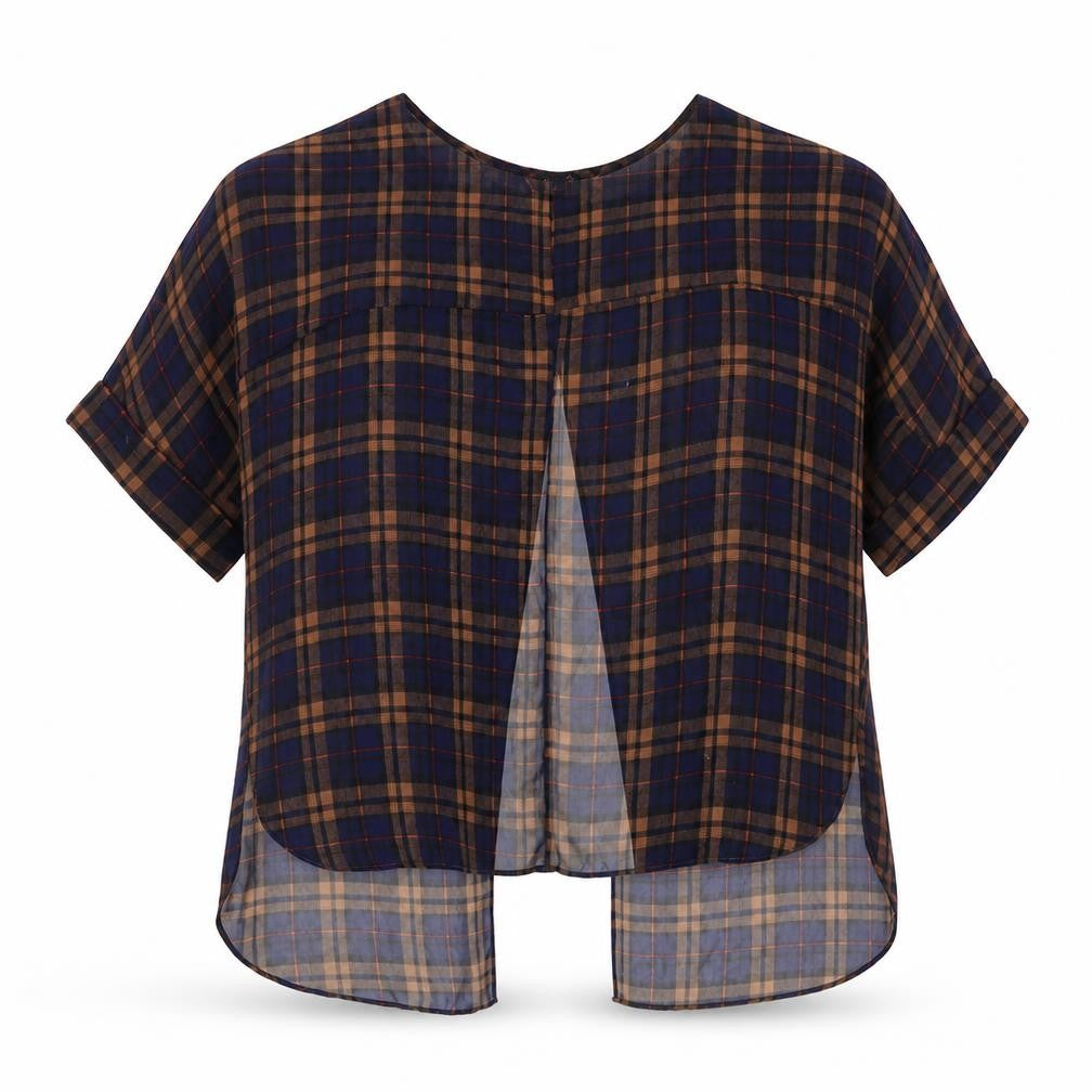 Front view of Topshop women’s blue plaid polyester basic blouse, size UK 6, boat neck - open back