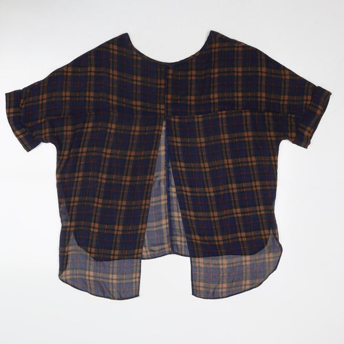 Topshop Womens Blue Plaid Polyester Basic Blouse Size 6 Boat Neck - Open Back