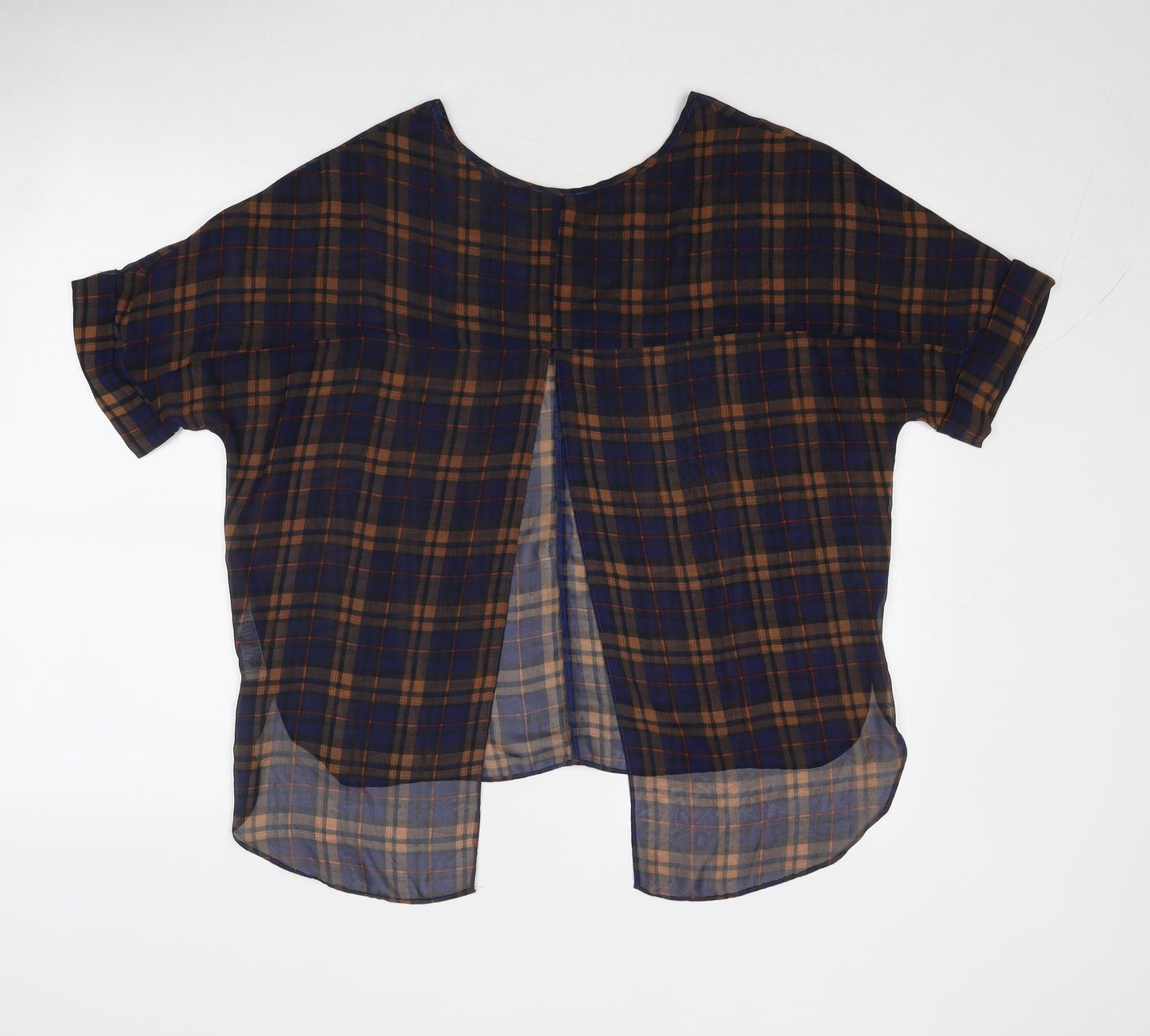Topshop Womens Blue Plaid Polyester Basic Blouse Size 6 Boat Neck - Open Back