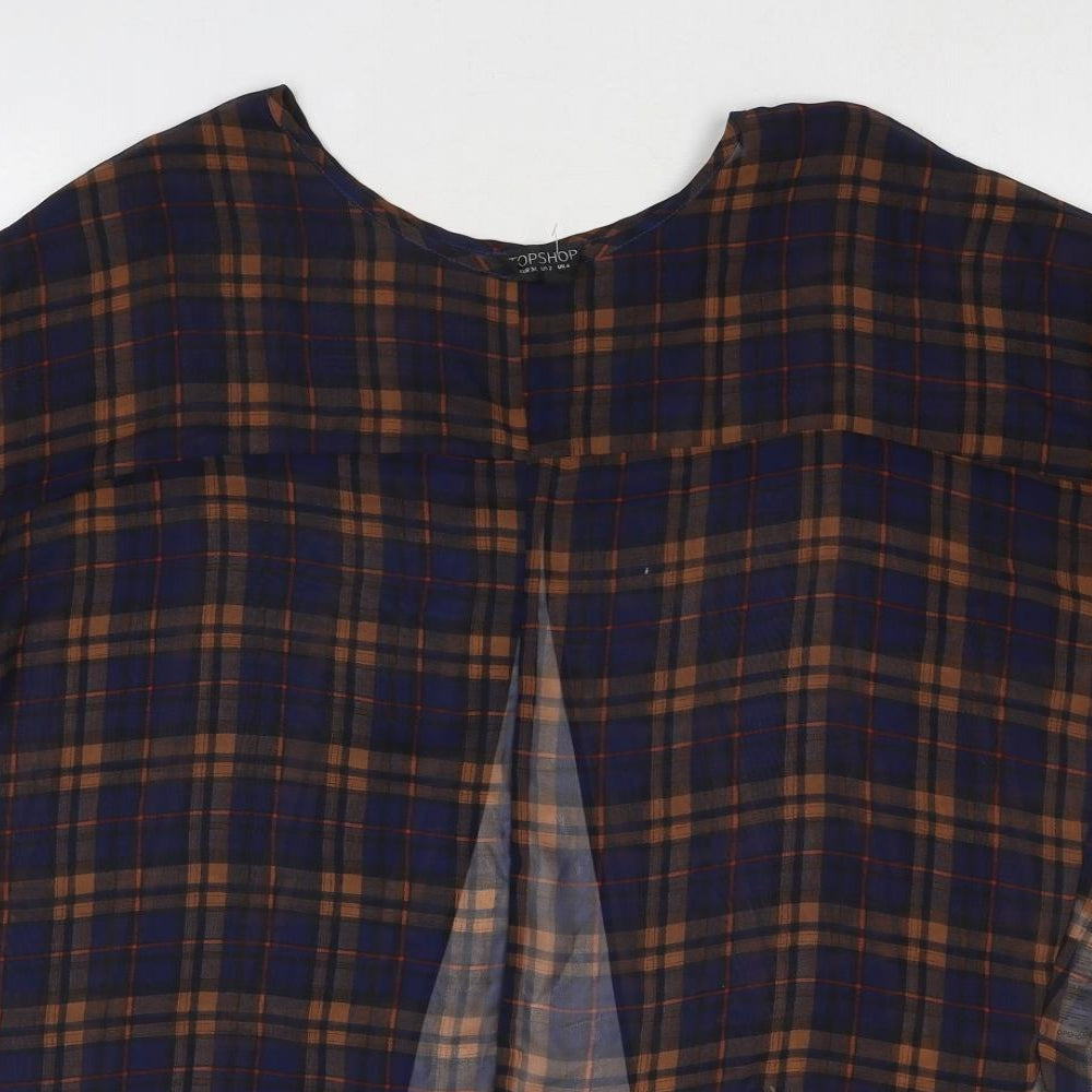 Topshop Womens Blue Plaid Polyester Basic Blouse Size 6 Boat Neck - Open Back