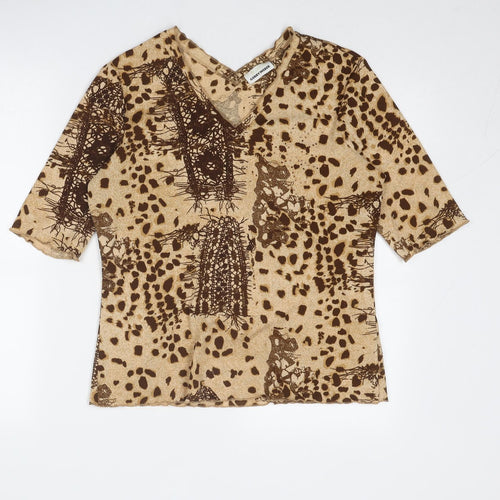 Gerry Weber Womens Brown Geometric Polyester Basic T-Shirt Size 16 V-Neck