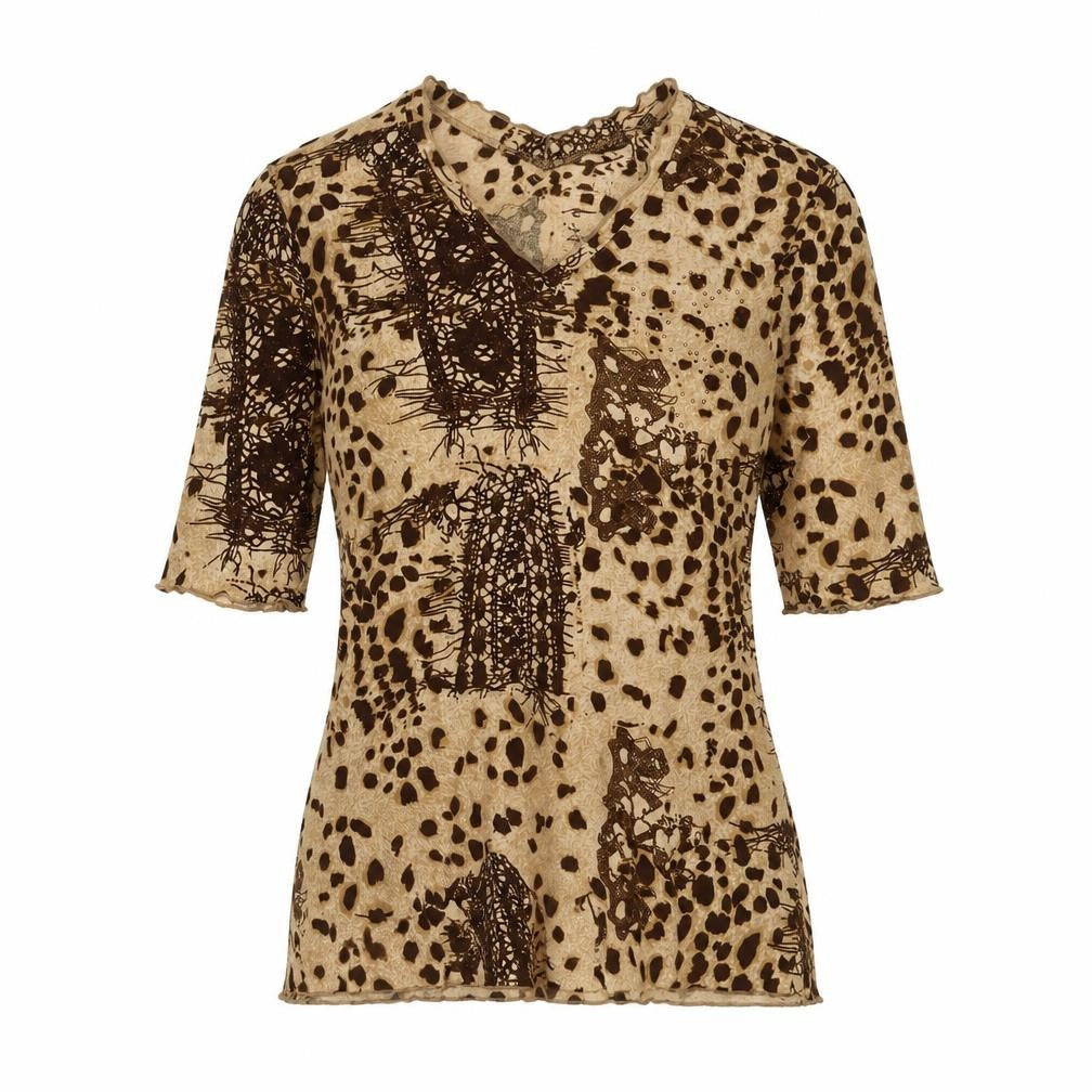 Front view of Gerry Weber women’s brown geometric polyester basic t-shirt, size UK 16, v-neck