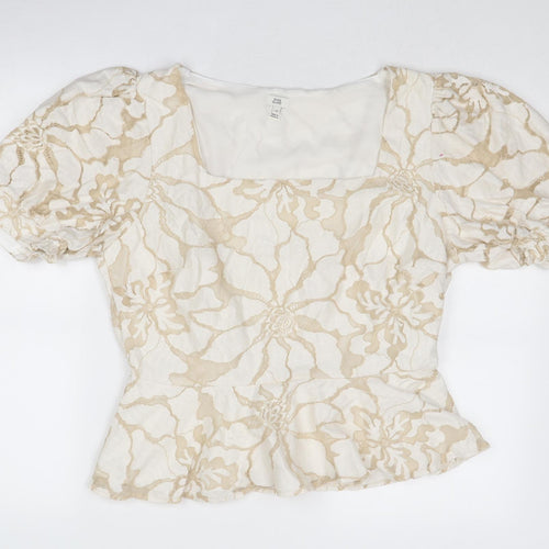 River Island Womens Beige Floral Cotton Basic Blouse Size 16 Square Neck