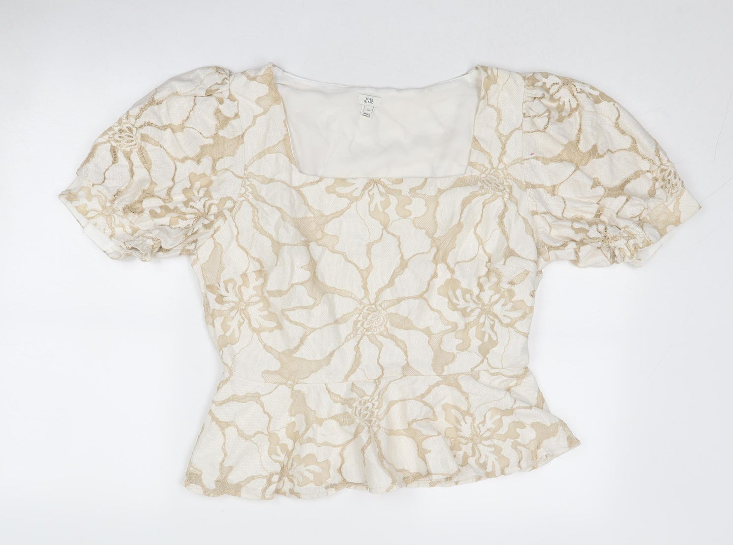 River Island Womens Beige Floral Cotton Basic Blouse Size 16 Square Neck