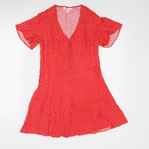 Miss Selfridge Womens Red Polka Dot Viscose A-Line Size 6 V-Neck Button