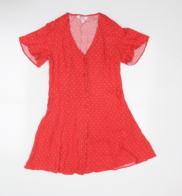 Miss Selfridge Womens Red Polka Dot Viscose A-Line Size 6 V-Neck Button