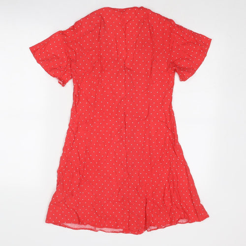 Miss Selfridge Womens Red Polka Dot Viscose A-Line Size 6 V-Neck Button