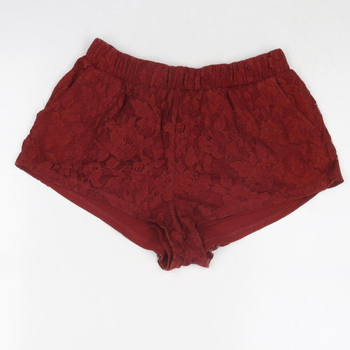 FOREVER 21 Womens Red Floral Cotton Hot Pants Shorts Size XS Regular Pull On - Lace Overlay