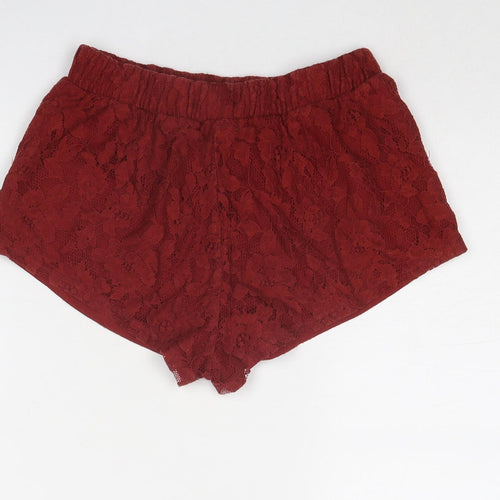 FOREVER 21 Womens Red Floral Cotton Hot Pants Shorts Size XS Regular Pull On - Lace Overlay