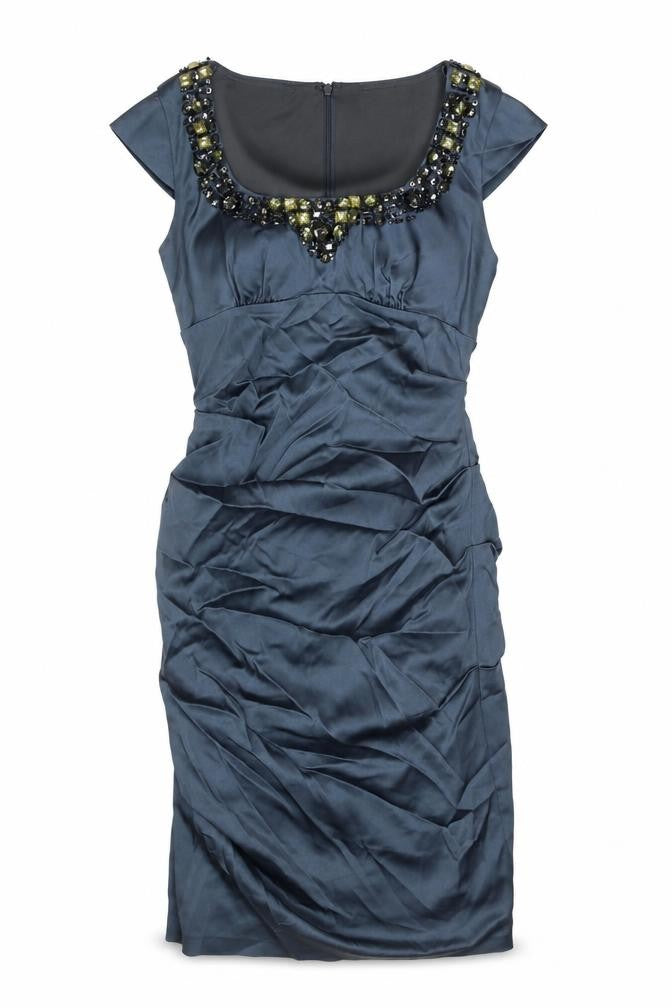 Front view of Xscape women’s blue acetate sheath, size UK 4, scoop neck zip - embellished neckline