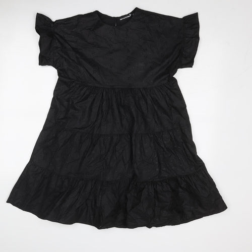 PRETTYLITTLETHING Womens Black Cotton A-Line Size 8 Boat Neck Button - Tiered