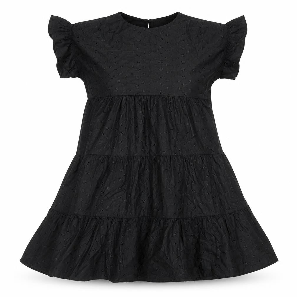 Front view of PRETTYLITTLETHING women’s black cotton a-line, size UK 8, boat neck button - tiered