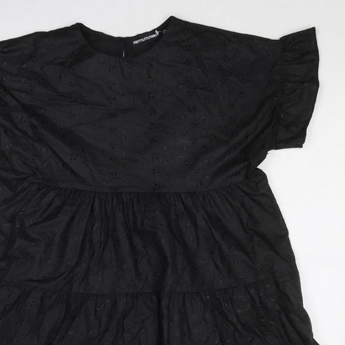 PRETTYLITTLETHING Womens Black Cotton A-Line Size 8 Boat Neck Button - Tiered