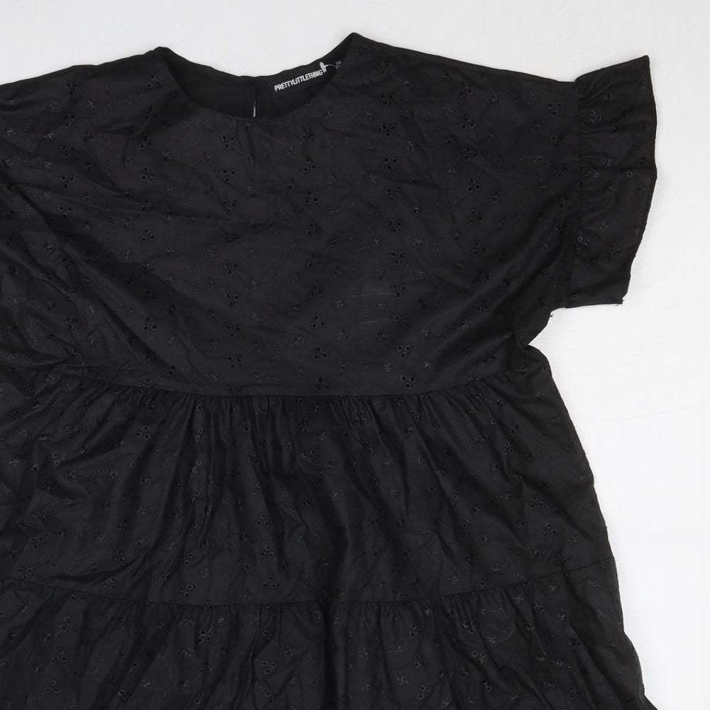 PRETTYLITTLETHING Womens Black Cotton A-Line Size 8 Boat Neck Button - Tiered