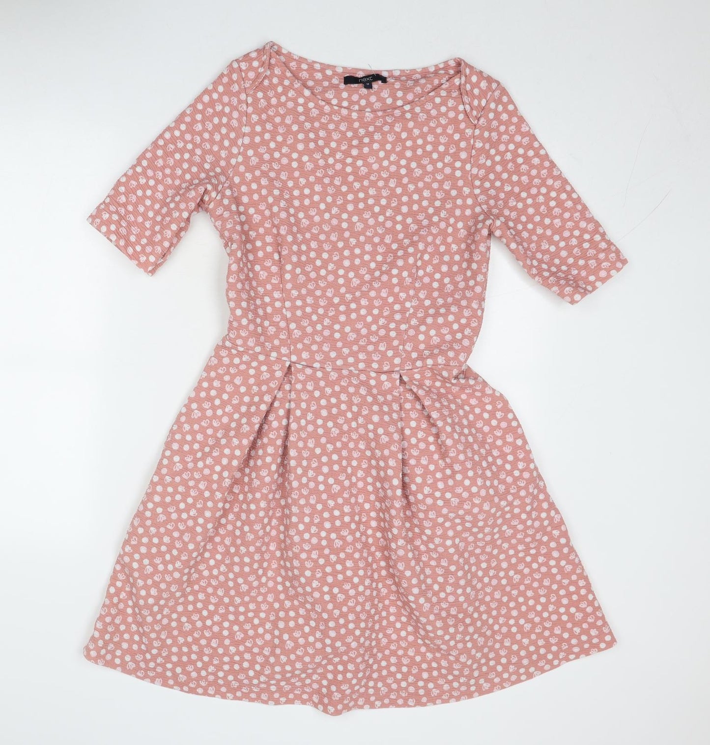 NEXT Womens Pink Polka Dot Polyester Fit & Flare Size 12 Boat Neck Zip