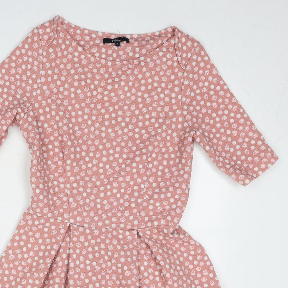 NEXT Womens Pink Polka Dot Polyester Fit & Flare Size 12 Boat Neck Zip