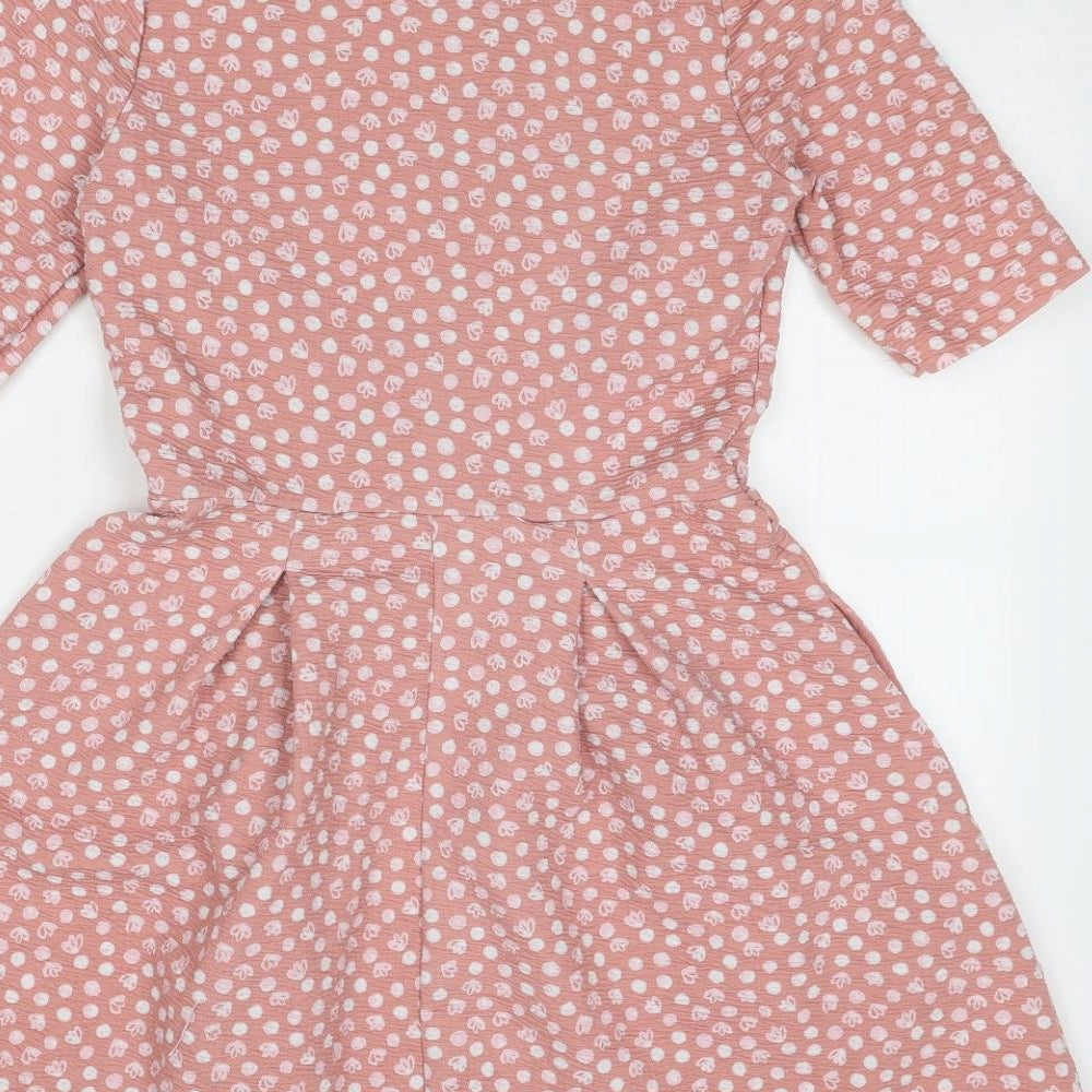 NEXT Womens Pink Polka Dot Polyester Fit & Flare Size 12 Boat Neck Zip