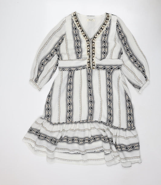 Meisie Womens White Geometric Polyester Fit & Flare Size M V-Neck Zip - Embellished Neckline